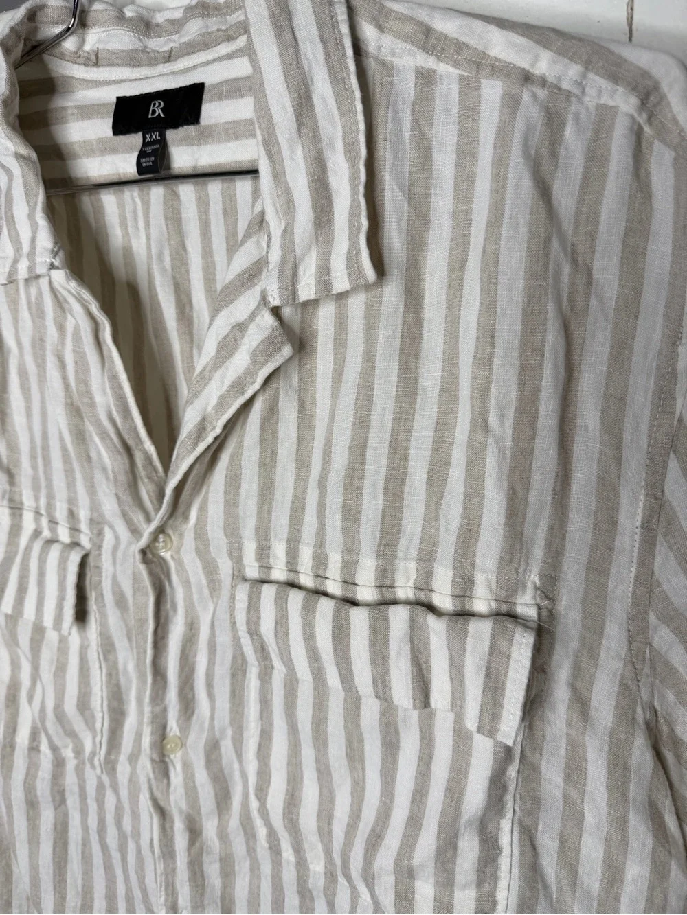 Banana Republic Men S/S Button Up Resort 100% Linen Shirt 2XL Beige Stripes